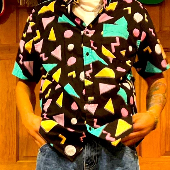 Massive Other - Vintage Massive 80s Geometric Graphic Men’s Shirt Sz L Button Down Black Retro
